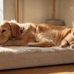 Hyperrealistic, photorealistic masterpiece: A serene golden retriever dozes peacefully on its cozy floor bed in a bright, sun-drenched living room. Nearby, a sleek tabby cat perches gracefully on a modern cat tree, observing calmly. Warm natural light, intricate textures, tranquil ambiance. Absolutely no text, letters, or writing. Flawless, anatomically correct animals.