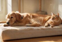 Hyperrealistic, photorealistic masterpiece: A serene golden retriever dozes peacefully on its cozy floor bed in a bright, sun-drenched living room. Nearby, a sleek tabby cat perches gracefully on a modern cat tree, observing calmly. Warm natural light, intricate textures, tranquil ambiance. Absolutely no text, letters, or writing. Flawless, anatomically correct animals.