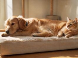 Hyperrealistic, photorealistic masterpiece: A serene golden retriever dozes peacefully on its cozy floor bed in a bright, sun-drenched living room. Nearby, a sleek tabby cat perches gracefully on a modern cat tree, observing calmly. Warm natural light, intricate textures, tranquil ambiance. Absolutely no text, letters, or writing. Flawless, anatomically correct animals.