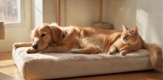 Hyperrealistic, photorealistic masterpiece: A serene golden retriever dozes peacefully on its cozy floor bed in a bright, sun-drenched living room. Nearby, a sleek tabby cat perches gracefully on a modern cat tree, observing calmly. Warm natural light, intricate textures, tranquil ambiance. Absolutely no text, letters, or writing. Flawless, anatomically correct animals.