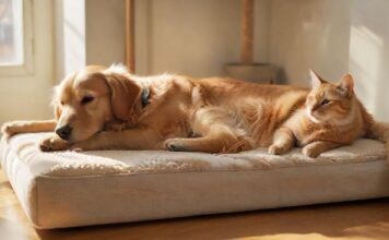 Hunde und Katzen Zusammenleben – Alltagstipps: So gestalten Sie den Alltag harmonisch! Hyperrealistic, photorealistic masterpiece: A serene golden retriever dozes peacefully on its cozy floor bed in a bright, sun-drenched living room. Nearby, a sleek tabby cat perches gracefully on a modern cat tree, observing calmly. Warm natural light, intricate textures, tranquil ambiance. Absolutely no text, letters, or writing. Flawless, anatomically correct animals.