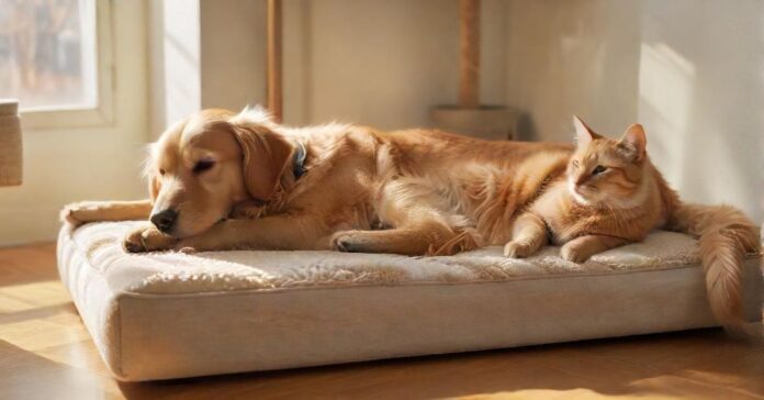 Hyperrealistic, photorealistic masterpiece: A serene golden retriever dozes peacefully on its cozy floor bed in a bright, sun-drenched living room. Nearby, a sleek tabby cat perches gracefully on a modern cat tree, observing calmly. Warm natural light, intricate textures, tranquil ambiance. Absolutely no text, letters, or writing. Flawless, anatomically correct animals.