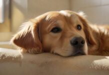 Ultra-photorealistic close-up: A contented Golden Retriever rests comfortably inside a pristine, modern kennel suite bathed in warm, natural morning light. A gentle, out-of-focus human hand softly strokes its fur. Focus on detailed fur texture, relaxed posture. Secure, clean environment. Cinematic lighting, shallow depth of field. Absolutely no text, letters, signs, or artifacts.