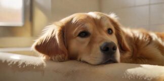 Ultra-photorealistic close-up: A contented Golden Retriever rests comfortably inside a pristine, modern kennel suite bathed in warm, natural morning light. A gentle, out-of-focus human hand softly strokes its fur. Focus on detailed fur texture, relaxed posture. Secure, clean environment. Cinematic lighting, shallow depth of field. Absolutely no text, letters, signs, or artifacts.