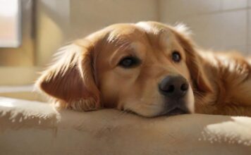 Ultra-photorealistic close-up: A contented Golden Retriever rests comfortably inside a pristine, modern kennel suite bathed in warm, natural morning light. A gentle, out-of-focus human hand softly strokes its fur. Focus on detailed fur texture, relaxed posture. Secure, clean environment. Cinematic lighting, shallow depth of field. Absolutely no text, letters, signs, or artifacts.