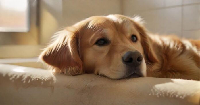 Ultra-photorealistic close-up: A contented Golden Retriever rests comfortably inside a pristine, modern kennel suite bathed in warm, natural morning light. A gentle, out-of-focus human hand softly strokes its fur. Focus on detailed fur texture, relaxed posture. Secure, clean environment. Cinematic lighting, shallow depth of field. Absolutely no text, letters, signs, or artifacts.