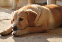 Hyperrealistic, eye-catching: A happy medium-sized dog, perhaps a Labrador or mixed breed, contentedly rests on a plush rug in a sunlit, cozy living room. A caring human hand gently strokes its fur. Serene domestic bliss, warmth, trust. Soft sunlight creates a gentle glow. Detailed textures, anatomically correct, flawless rendering. Absolutely no text, no letters, no words, no logos, no writing of any kind.