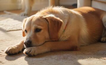Hyperrealistic, eye-catching: A happy medium-sized dog, perhaps a Labrador or mixed breed, contentedly rests on a plush rug in a sunlit, cozy living room. A caring human hand gently strokes its fur. Serene domestic bliss, warmth, trust. Soft sunlight creates a gentle glow. Detailed textures, anatomically correct, flawless rendering. Absolutely no text, no letters, no words, no logos, no writing of any kind.