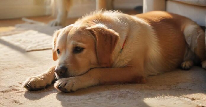 Hyperrealistic, eye-catching: A happy medium-sized dog, perhaps a Labrador or mixed breed, contentedly rests on a plush rug in a sunlit, cozy living room. A caring human hand gently strokes its fur. Serene domestic bliss, warmth, trust. Soft sunlight creates a gentle glow. Detailed textures, anatomically correct, flawless rendering. Absolutely no text, no letters, no words, no logos, no writing of any kind.