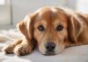 Hyperrealistic medium shot of a concerned golden retriever sitting calmly on a clean blanket inside a modern, brightly lit dog boarding kennel. Soft morning light streams in. Focus on the dog's expressive eyes and detailed fur. Shallow depth of field. Safe, caring atmosphere. Utterly photorealistic, no text, no letters.