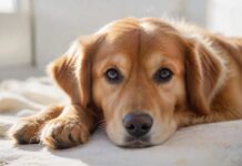 Hyperrealistic medium shot of a concerned golden retriever sitting calmly on a clean blanket inside a modern, brightly lit dog boarding kennel. Soft morning light streams in. Focus on the dog's expressive eyes and detailed fur. Shallow depth of field. Safe, caring atmosphere. Utterly photorealistic, no text, no letters.