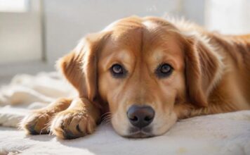 Notfall Hundepension 🆘 Sofort & sicher betreut | Wichtige Tipps Hyperrealistic medium shot of a concerned golden retriever sitting calmly on a clean blanket inside a modern, brightly lit dog boarding kennel. Soft morning light streams in. Focus on the dog's expressive eyes and detailed fur. Shallow depth of field. Safe, caring atmosphere. Utterly photorealistic, no text, no letters.