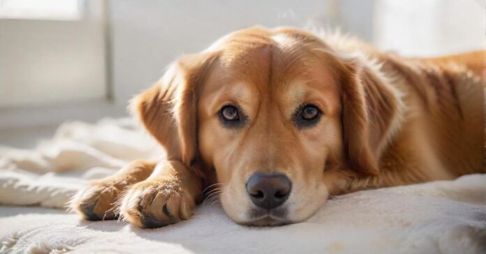 Hyperrealistic medium shot of a concerned golden retriever sitting calmly on a clean blanket inside a modern, brightly lit dog boarding kennel. Soft morning light streams in. Focus on the dog's expressive eyes and detailed fur. Shallow depth of field. Safe, caring atmosphere. Utterly photorealistic, no text, no letters.