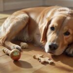 Photorealistic medium shot of a happy, healthy, anatomically correct golden retriever lying on a polished wooden floor, intensely focused on solving a complex wooden intelligence puzzle toy. Soft, natural window light illuminates its detailed fur. Various other toys (a durable rubber ball, a rope tug) are scattered nearby. Absolutely no text or letters visible. Hyperrealistic, artifact-free, sharp focus, detailed textures.