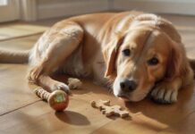 Photorealistic medium shot of a happy, healthy, anatomically correct golden retriever lying on a polished wooden floor, intensely focused on solving a complex wooden intelligence puzzle toy. Soft, natural window light illuminates its detailed fur. Various other toys (a durable rubber ball, a rope tug) are scattered nearby. Absolutely no text or letters visible. Hyperrealistic, artifact-free, sharp focus, detailed textures.