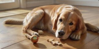 Photorealistic medium shot of a happy, healthy, anatomically correct golden retriever lying on a polished wooden floor, intensely focused on solving a complex wooden intelligence puzzle toy. Soft, natural window light illuminates its detailed fur. Various other toys (a durable rubber ball, a rope tug) are scattered nearby. Absolutely no text or letters visible. Hyperrealistic, artifact-free, sharp focus, detailed textures.