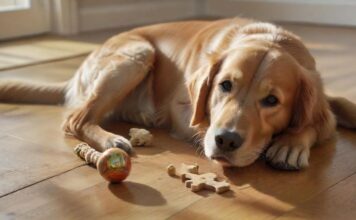 Photorealistic medium shot of a happy, healthy, anatomically correct golden retriever lying on a polished wooden floor, intensely focused on solving a complex wooden intelligence puzzle toy. Soft, natural window light illuminates its detailed fur. Various other toys (a durable rubber ball, a rope tug) are scattered nearby. Absolutely no text or letters visible. Hyperrealistic, artifact-free, sharp focus, detailed textures.