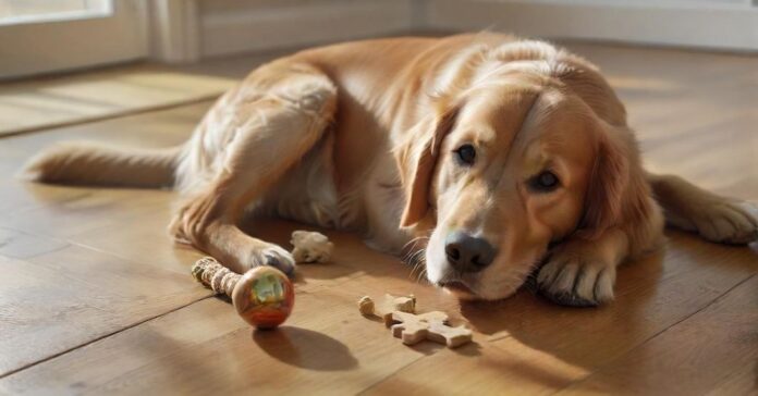 Photorealistic medium shot of a happy, healthy, anatomically correct golden retriever lying on a polished wooden floor, intensely focused on solving a complex wooden intelligence puzzle toy. Soft, natural window light illuminates its detailed fur. Various other toys (a durable rubber ball, a rope tug) are scattered nearby. Absolutely no text or letters visible. Hyperrealistic, artifact-free, sharp focus, detailed textures.