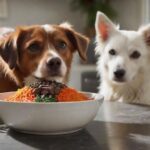 Hyperrealistic, eye-catching: A pristine white ceramic bowl overflowing with a vibrant BARF meal for a dog—succulent raw red meat, glistening chicken liver, chopped carrots, dark leafy greens, artfully arranged on a modern kitchen countertop. Soft morning light highlights textures. A healthy dog's expectant, wet nose softly blurred in foreground. Flawless, artifact-free. No text or letters.