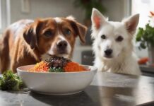 Hyperrealistic, eye-catching: A pristine white ceramic bowl overflowing with a vibrant BARF meal for a dog—succulent raw red meat, glistening chicken liver, chopped carrots, dark leafy greens, artfully arranged on a modern kitchen countertop. Soft morning light highlights textures. A healthy dog's expectant, wet nose softly blurred in foreground. Flawless, artifact-free. No text or letters.