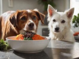 Hyperrealistic, eye-catching: A pristine white ceramic bowl overflowing with a vibrant BARF meal for a dog—succulent raw red meat, glistening chicken liver, chopped carrots, dark leafy greens, artfully arranged on a modern kitchen countertop. Soft morning light highlights textures. A healthy dog's expectant, wet nose softly blurred in foreground. Flawless, artifact-free. No text or letters.