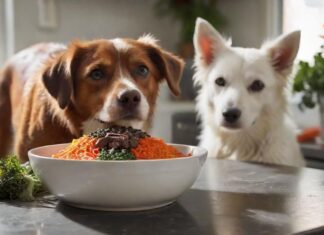 Hyperrealistic, eye-catching: A pristine white ceramic bowl overflowing with a vibrant BARF meal for a dog—succulent raw red meat, glistening chicken liver, chopped carrots, dark leafy greens, artfully arranged on a modern kitchen countertop. Soft morning light highlights textures. A healthy dog's expectant, wet nose softly blurred in foreground. Flawless, artifact-free. No text or letters.