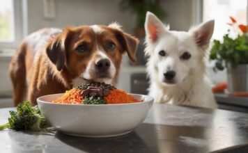 Hyperrealistic, eye-catching: A pristine white ceramic bowl overflowing with a vibrant BARF meal for a dog—succulent raw red meat, glistening chicken liver, chopped carrots, dark leafy greens, artfully arranged on a modern kitchen countertop. Soft morning light highlights textures. A healthy dog's expectant, wet nose softly blurred in foreground. Flawless, artifact-free. No text or letters.