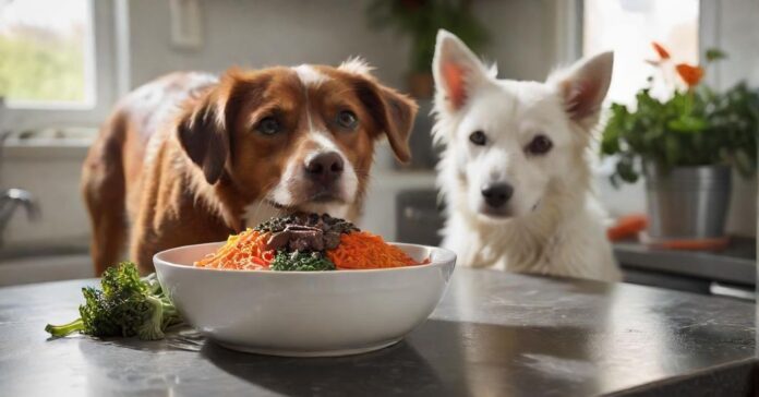 Hyperrealistic, eye-catching: A pristine white ceramic bowl overflowing with a vibrant BARF meal for a dog—succulent raw red meat, glistening chicken liver, chopped carrots, dark leafy greens, artfully arranged on a modern kitchen countertop. Soft morning light highlights textures. A healthy dog's expectant, wet nose softly blurred in foreground. Flawless, artifact-free. No text or letters.