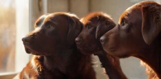 Hyperrealistic, heartwarming close-up: gentle, caring human hands softly stroking a vibrant, healthy adult Labrador Retriever's glossy, rich chocolate-colored fur. Warm, soft sunlight streams from a nearby window, creating a gentle glow and highlighting individual hairs. Shallow depth of field, focusing on the interaction. No text, no words, no letters. Flawless anatomy, artifact-free rendering.