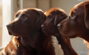 Hund Vorsorge Kosten 2024: Der große Kosten-Check! 🐾 Hyperrealistic, heartwarming close-up: gentle, caring human hands softly stroking a vibrant, healthy adult Labrador Retriever's glossy, rich chocolate-colored fur. Warm, soft sunlight streams from a nearby window, creating a gentle glow and highlighting individual hairs. Shallow depth of field, focusing on the interaction. No text, no words, no letters. Flawless anatomy, artifact-free rendering.