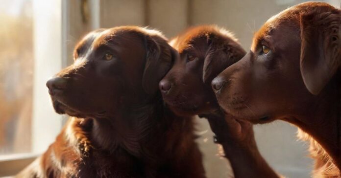 Hyperrealistic, heartwarming close-up: gentle, caring human hands softly stroking a vibrant, healthy adult Labrador Retriever's glossy, rich chocolate-colored fur. Warm, soft sunlight streams from a nearby window, creating a gentle glow and highlighting individual hairs. Shallow depth of field, focusing on the interaction. No text, no words, no letters. Flawless anatomy, artifact-free rendering.