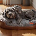 Hyperrealistic photograph capturing a neat arrangement of brand-new dog essentials prepared for a new arrival. A plush grey dog bed, a brown leather leash and collar, two clean ceramic bowls, and a sturdy rubber chew toy are artfully placed on a warm, polished wooden floor. Soft, natural morning light streams from a nearby window, highlighting realistic textures and casting gentle shadows. Extremely detailed, photorealistic rendering, sharp focus, shallow depth of field, no text, no letters, artifact-free