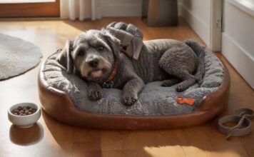 Hundezubehör Kosten 2024: Top Spar-Tipps & Checkliste 🐾 Hyperrealistic photograph capturing a neat arrangement of brand-new dog essentials prepared for a new arrival. A plush grey dog bed, a brown leather leash and collar, two clean ceramic bowls, and a sturdy rubber chew toy are artfully placed on a warm, polished wooden floor. Soft, natural morning light streams from a nearby window, highlighting realistic textures and casting gentle shadows. Extremely detailed, photorealistic rendering, sharp focus, shallow depth of field, no text, no letters, artifact-free