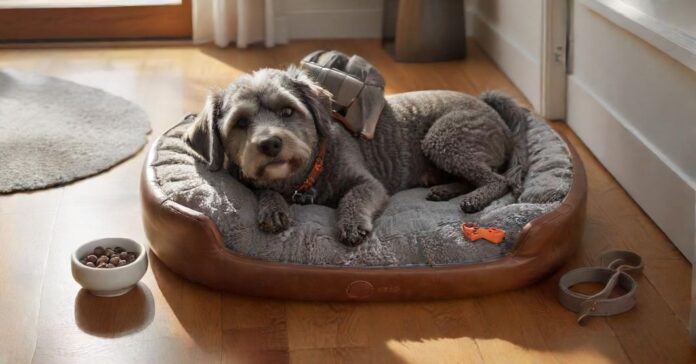 Hyperrealistic photograph capturing a neat arrangement of brand-new dog essentials prepared for a new arrival. A plush grey dog bed, a brown leather leash and collar, two clean ceramic bowls, and a sturdy rubber chew toy are artfully placed on a warm, polished wooden floor. Soft, natural morning light streams from a nearby window, highlighting realistic textures and casting gentle shadows. Extremely detailed, photorealistic rendering, sharp focus, shallow depth of field, no text, no letters, artifact-free