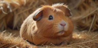 Hyperrealistic, a close-up of a fluffy guinea pig nestled in a bed of soft, golden hay, with a few stray hay strands tickling its nose, causing it to sneeze. Capture the delicate details of its fur, eyes, and tiny nose with shallow depth of field. Warm, natural lighting, artifact-free, no text. ,turbo