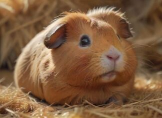 Hyperrealistic, a close-up of a fluffy guinea pig nestled in a bed of soft, golden hay, with a few stray hay strands tickling its nose, causing it to sneeze. Capture the delicate details of its fur, eyes, and tiny nose with shallow depth of field. Warm, natural lighting, artifact-free, no text. ,turbo