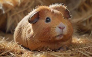 Hyperrealistic, a close-up of a fluffy guinea pig nestled in a bed of soft, golden hay, with a few stray hay strands tickling its nose, causing it to sneeze. Capture the delicate details of its fur, eyes, and tiny nose with shallow depth of field. Warm, natural lighting, artifact-free, no text. ,turbo