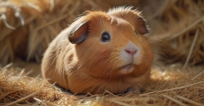 Hyperrealistic, a close-up of a fluffy guinea pig nestled in a bed of soft, golden hay, with a few stray hay strands tickling its nose, causing it to sneeze. Capture the delicate details of its fur, eyes, and tiny nose with shallow depth of field. Warm, natural lighting, artifact-free, no text. ,turbo