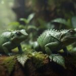 hyperrealistic, a detailed close-up of a terrarium interior, lush green plants, a small reptile drinking water droplets on a leaf, misted environment, soft, diffused lighting, focus on texture and detail, high resolution, no text. Artifact-free. Anatomically correct. Flawless.