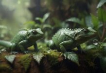 hyperrealistic, a detailed close-up of a terrarium interior, lush green plants, a small reptile drinking water droplets on a leaf, misted environment, soft, diffused lighting, focus on texture and detail, high resolution, no text. Artifact-free. Anatomically correct. Flawless.