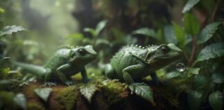 hyperrealistic, a detailed close-up of a terrarium interior, lush green plants, a small reptile drinking water droplets on a leaf, misted environment, soft, diffused lighting, focus on texture and detail, high resolution, no text. Artifact-free. Anatomically correct. Flawless.