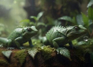 Terrarium Luftfeuchtigkeit messen & regeln: So geht’s richtig! hyperrealistic, a detailed close-up of a terrarium interior, lush green plants, a small reptile drinking water droplets on a leaf, misted environment, soft, diffused lighting, focus on texture and detail, high resolution, no text. Artifact-free. Anatomically correct. Flawless.