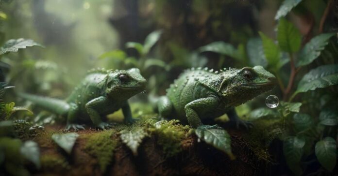 hyperrealistic, a detailed close-up of a terrarium interior, lush green plants, a small reptile drinking water droplets on a leaf, misted environment, soft, diffused lighting, focus on texture and detail, high resolution, no text. Artifact-free. Anatomically correct. Flawless.