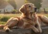 Hyperrealistic photograph: A content Golden Retriever dog rests peacefully in a sun-drenched meadow beside a rustic wooden fence. In the background, a charming, weathered farmhouse under the warm golden hour light, rolling green hills beyond. Cinematic lighting, shallow depth of field, extremely detailed textures. Serene, idyllic atmosphere. Absolutely no text or letters. Flawless, artifact-free.