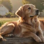 Hyperrealistic photograph: A content Golden Retriever dog rests peacefully in a sun-drenched meadow beside a rustic wooden fence. In the background, a charming, weathered farmhouse under the warm golden hour light, rolling green hills beyond. Cinematic lighting, shallow depth of field, extremely detailed textures. Serene, idyllic atmosphere. Absolutely no text or letters. Flawless, artifact-free.