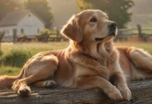 Hyperrealistic photograph: A content Golden Retriever dog rests peacefully in a sun-drenched meadow beside a rustic wooden fence. In the background, a charming, weathered farmhouse under the warm golden hour light, rolling green hills beyond. Cinematic lighting, shallow depth of field, extremely detailed textures. Serene, idyllic atmosphere. Absolutely no text or letters. Flawless, artifact-free.
