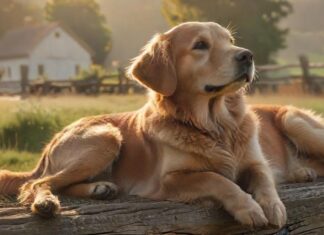 Urlaub mit Hund Bauernhof: Naturerlebnis und Erholung für die ganze Familie! Hyperrealistic photograph: A content Golden Retriever dog rests peacefully in a sun-drenched meadow beside a rustic wooden fence. In the background, a charming, weathered farmhouse under the warm golden hour light, rolling green hills beyond. Cinematic lighting, shallow depth of field, extremely detailed textures. Serene, idyllic atmosphere. Absolutely no text or letters. Flawless, artifact-free.