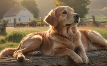 Hyperrealistic photograph: A content Golden Retriever dog rests peacefully in a sun-drenched meadow beside a rustic wooden fence. In the background, a charming, weathered farmhouse under the warm golden hour light, rolling green hills beyond. Cinematic lighting, shallow depth of field, extremely detailed textures. Serene, idyllic atmosphere. Absolutely no text or letters. Flawless, artifact-free.