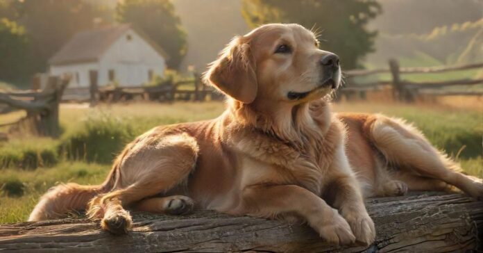 Hyperrealistic photograph: A content Golden Retriever dog rests peacefully in a sun-drenched meadow beside a rustic wooden fence. In the background, a charming, weathered farmhouse under the warm golden hour light, rolling green hills beyond. Cinematic lighting, shallow depth of field, extremely detailed textures. Serene, idyllic atmosphere. Absolutely no text or letters. Flawless, artifact-free.