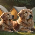 Hyperrealistic photograph: A content Golden Retriever rests peacefully beside a modern tent on a lush green campsite lawn during golden hour. Warm light illuminates detailed fur texture and dew drops on grass. A steaming mug sits nearby. Utterly photorealistic, cinematic lighting, artifact-free, anatomically correct dog. Absolutely NO text, letters, or signs.